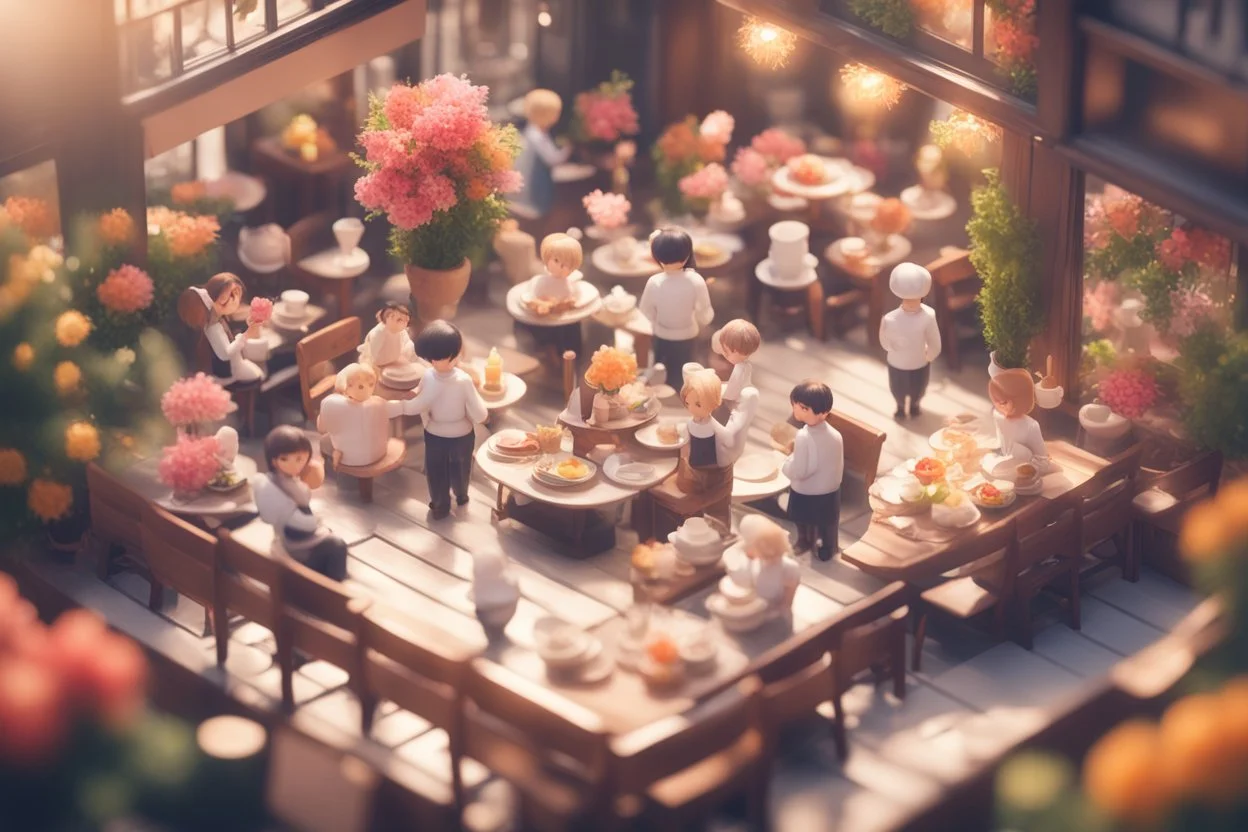 top view of a miniature restaurant scene with cute chibi anime guests and waiters, meal, flowers S<AI in sunshine, photorealistic, 3D, ethereal, cinematic postprocessing, bokeh, dof