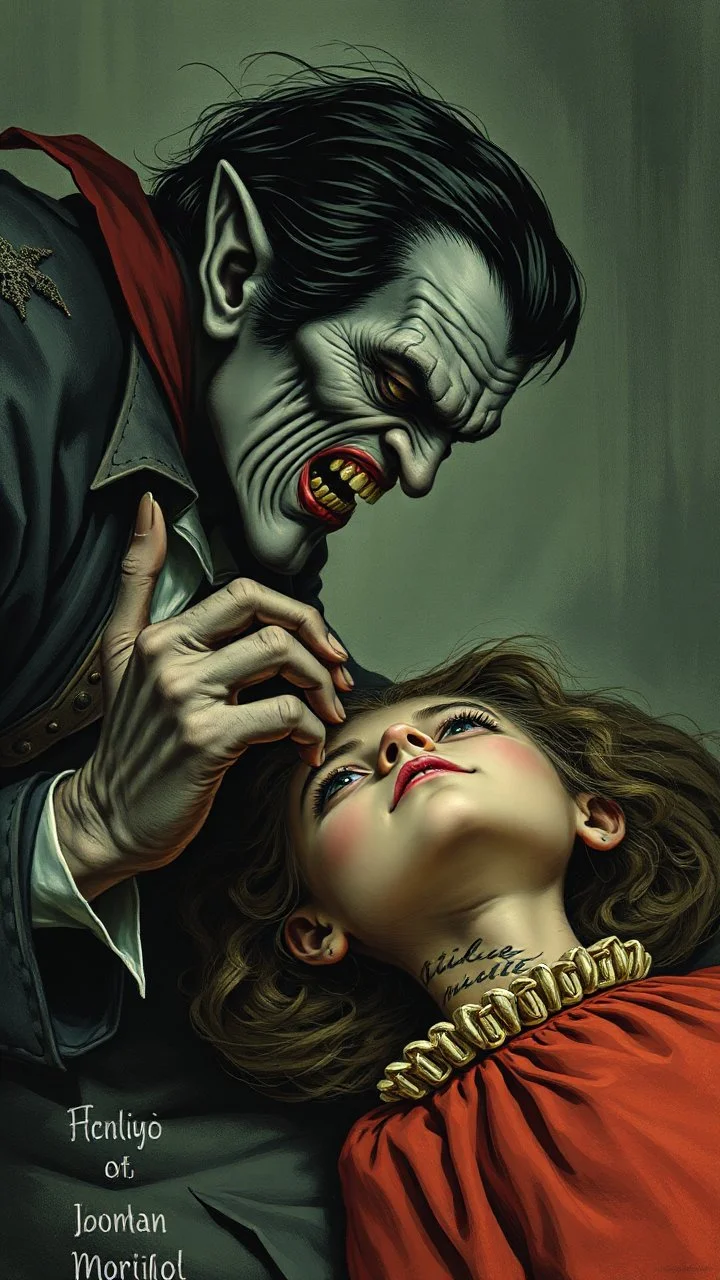 The ugly Dracula laying over a young girl try to bite her from the nick