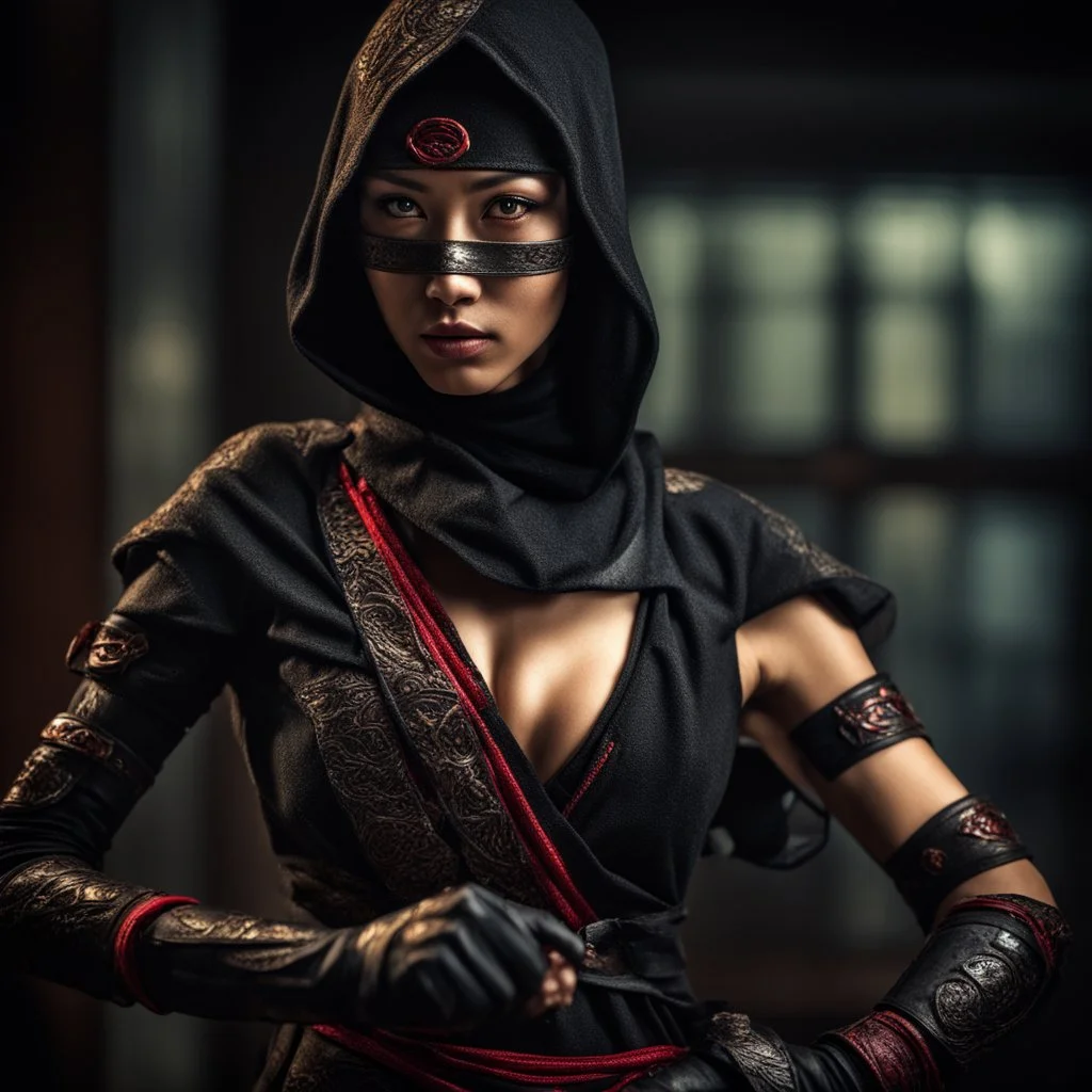 Behold the powerful alluring and pretty ninja woman, her body adorned with the traditional ninja costume, HDR, beautifully shot, hyperrealistic, sharp focus, 64 megapixels, perfect composition, high contrast, cinematic, atmospheric, moody