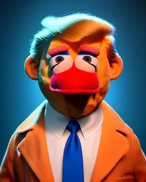 Waist up Portrait, Donald trump muppet, Sesame Street style, retro style, photo studio, blue background, unreal engine 5, god lights, ray tracing, RTX, lumen lighting, ultra detail, volumetric lighting, 3d.