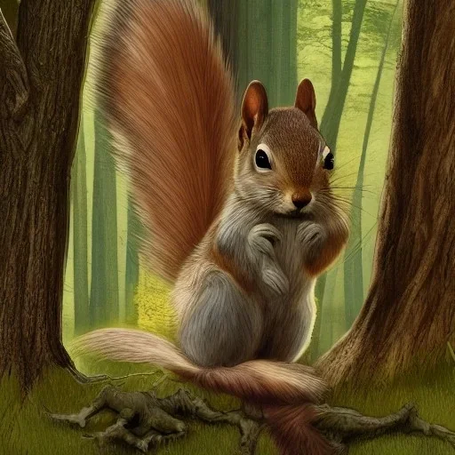 Fantasy image,wooded background, squirrel, looming over a four inch person,d&d