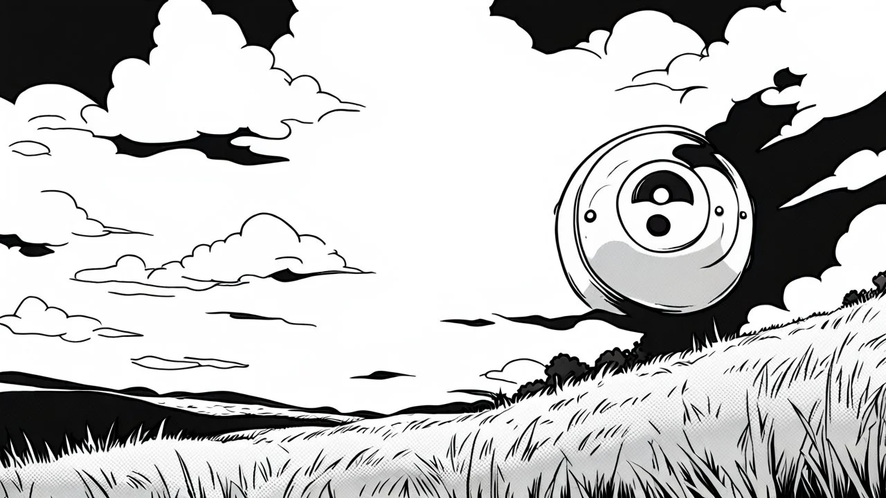 floating eye, anime, monochrome, black background, ink, simple, maximum quality, broken hinge, barely functioning, centered on frame, far view, in the middle of a grassy hill, white sky with cumulonimbus