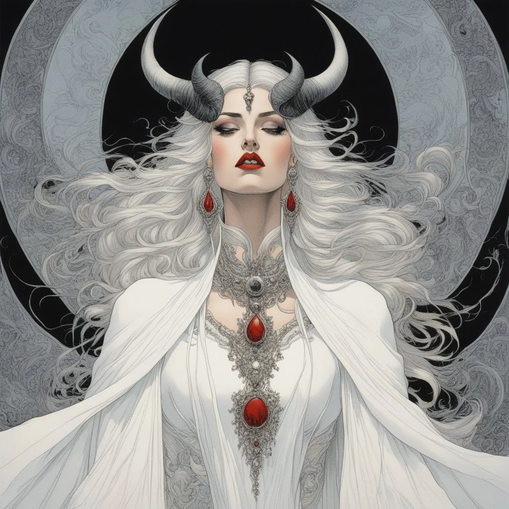 [art by Michael Kaluta] A pale demonic woman, draped in billowing white robes that whisper like ghosts, stands with black curved horns reaching skyward. Her delicate face, adorned with carmine lips, exudes a silent melody of sorrow and power. Intricately detailed and complex, she embodies contradictions of delicacy and strength, nightmarish yet ethereal. With each graceful step, she leaves ripples in reality, surrounded by swirling eldritch energies that mirror her unearthly nature.