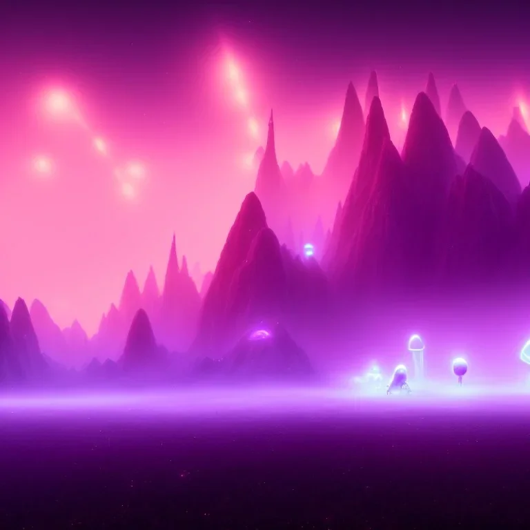 ALIENS FLOATING in the fog, FOGGY NIGHT, mountains, GLOWING, PURPLE, orange, pink, stars, TOWERS, 4K, 8K, CINEMATIC