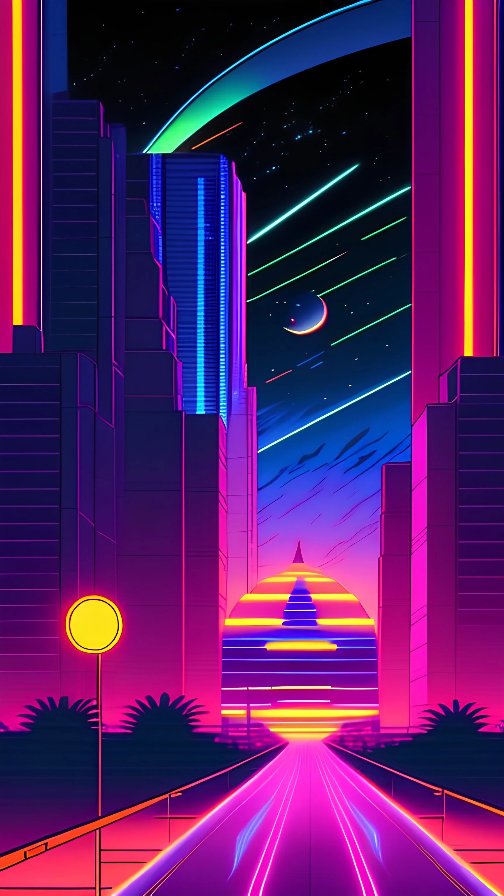 Produce an eye-catching illustration of a futuristic giant cat walking towards us with colored beams in a linear visor lens, that embodies the vaporwave style, featuring a surreal, dream-like landscape. Clear sky, city lights