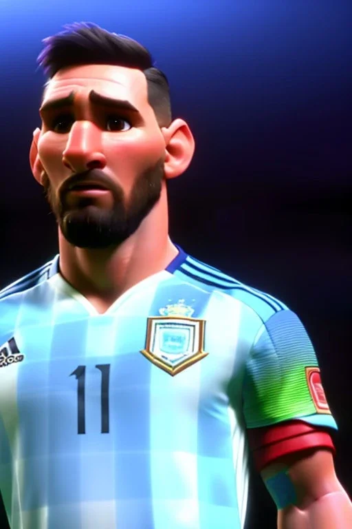 Realistic Messi Argentina soccer player Portrait, mid shot view, epic, god lights, concept art, art station, 3d, photo studio, blue clean background, unreal engine 5, ray tracing, RTX, lumen lighting, ultra detail, volumetric lighting.