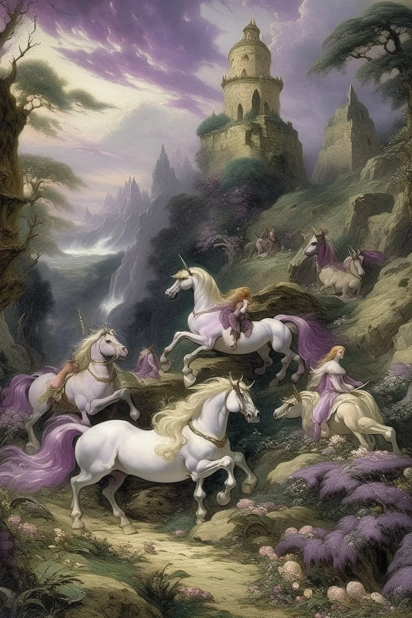 A light purple fairy kingdom with unicorns painted by Gustave Courbet