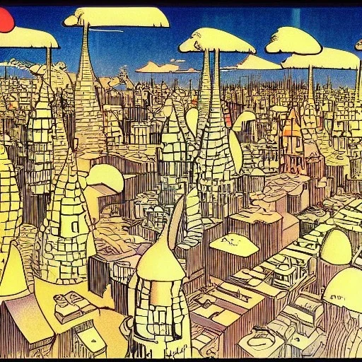 Village in the cosmos in Winsor McCay style and dr seuss style