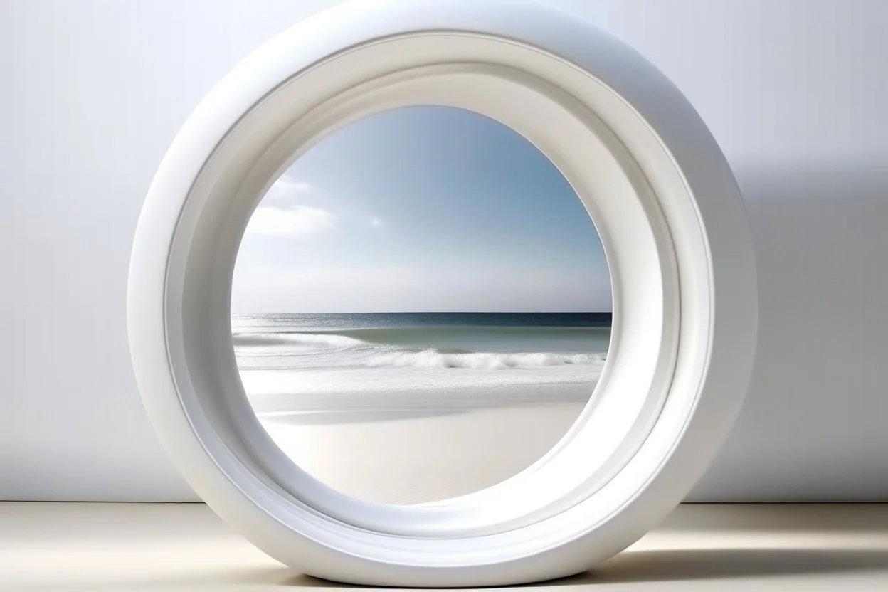 white,background,looking,through,a 3-d, hole,or,window,,a,seeing,paraddise,beach ,skulpture,like