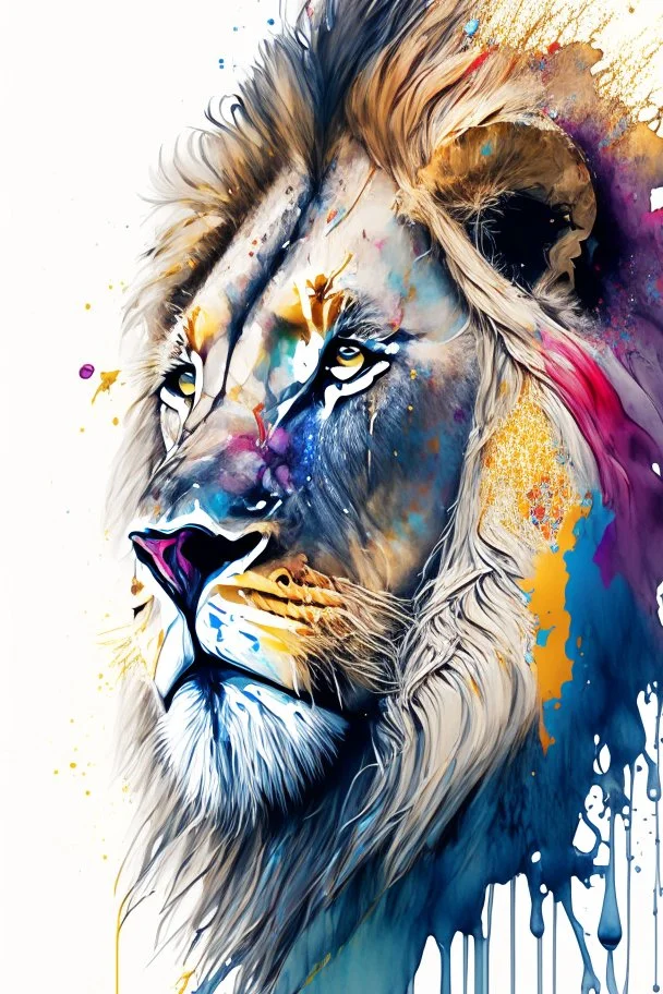 "lion", clean design, art station, splash of colorful paint, contour, ((solid white background)), gazing into camera, hyperdetailed intricately detailed, unreal engine, fantastical, cinema lighting, intricate detail, splash screen, complementary colors, fantasy concept art, 8k resolution, DeviantArt masterpiece, watercolor, paint dripping