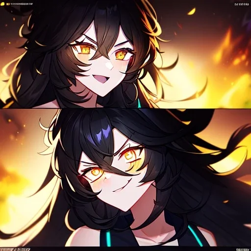 Clear focus, 8k, high quality, detailed, beautiful lighting, girl, vibrant colors, black long hair, vibrant golden eyes, messy hair, laughing, angry, glowing eyes,