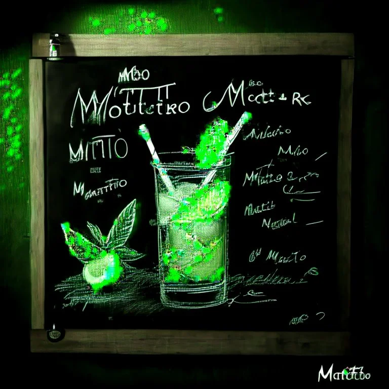 Drawing on a black chalkboard of a mojito cocktail with lime and mint. restaurant vibe. realistic.