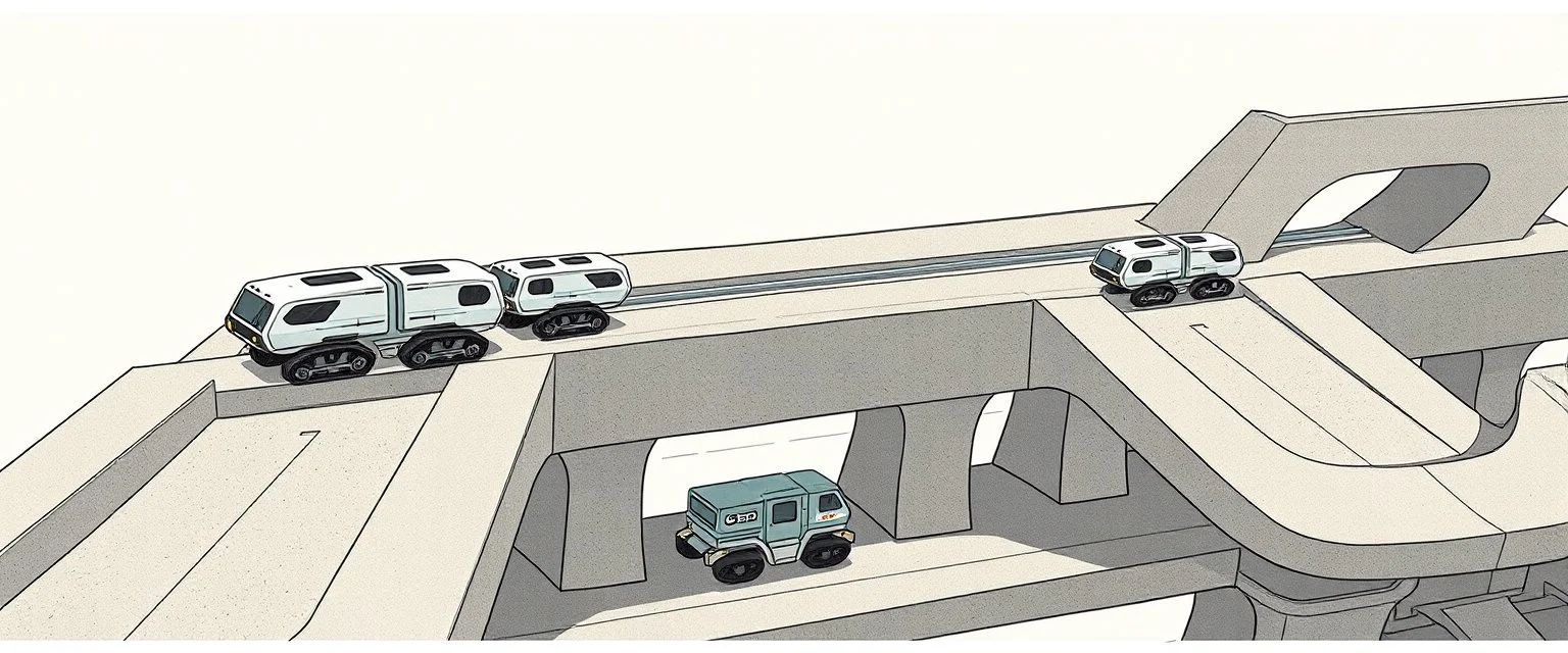 A humorous retro-futuristic safety pamphlet illustration for autonomous transport robots, titled conceptually "WHEN YOUR ROBOT GOES MAD — PLEASE REMAIN CALM". A long elevated concrete transportation structure made from repeating H-shaped slabs, viewed in a slightly isometric perspective. Two small quiet tracked robot trains travel on the two sloping outer surfaces, while a slower sophisticated maintenance vehicle operates underneath inside the structure.