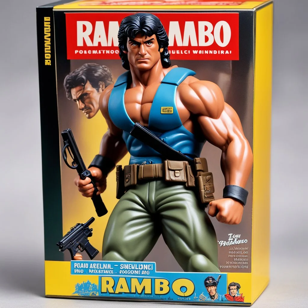 A photograph of a pristine action figure encased in its packaging, evoking a sense of collectible wonder, styled after a vintage toy advertisement. The box prominently displays "Rambo" in bold, stylized lettering, with the action figure inside clearly resembling Sylvester Stallone as Rambo, possessing his iconic features and a lean, athletic build, confidently holding a pistol and a knife