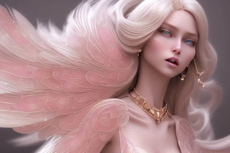  beautiful fairy very etheric, nice smiling, long blond hair, magic glamour pink make up, delicate colors, complete vision of very transparent and big wings, beautiful glamour transparent dress, ultra sharp focus, 8k, unreal engine 5, extremely sharp detail, light effect, soft light atmosphere, smooth, full of details, face in front, complete vision of face and hair and of the wings