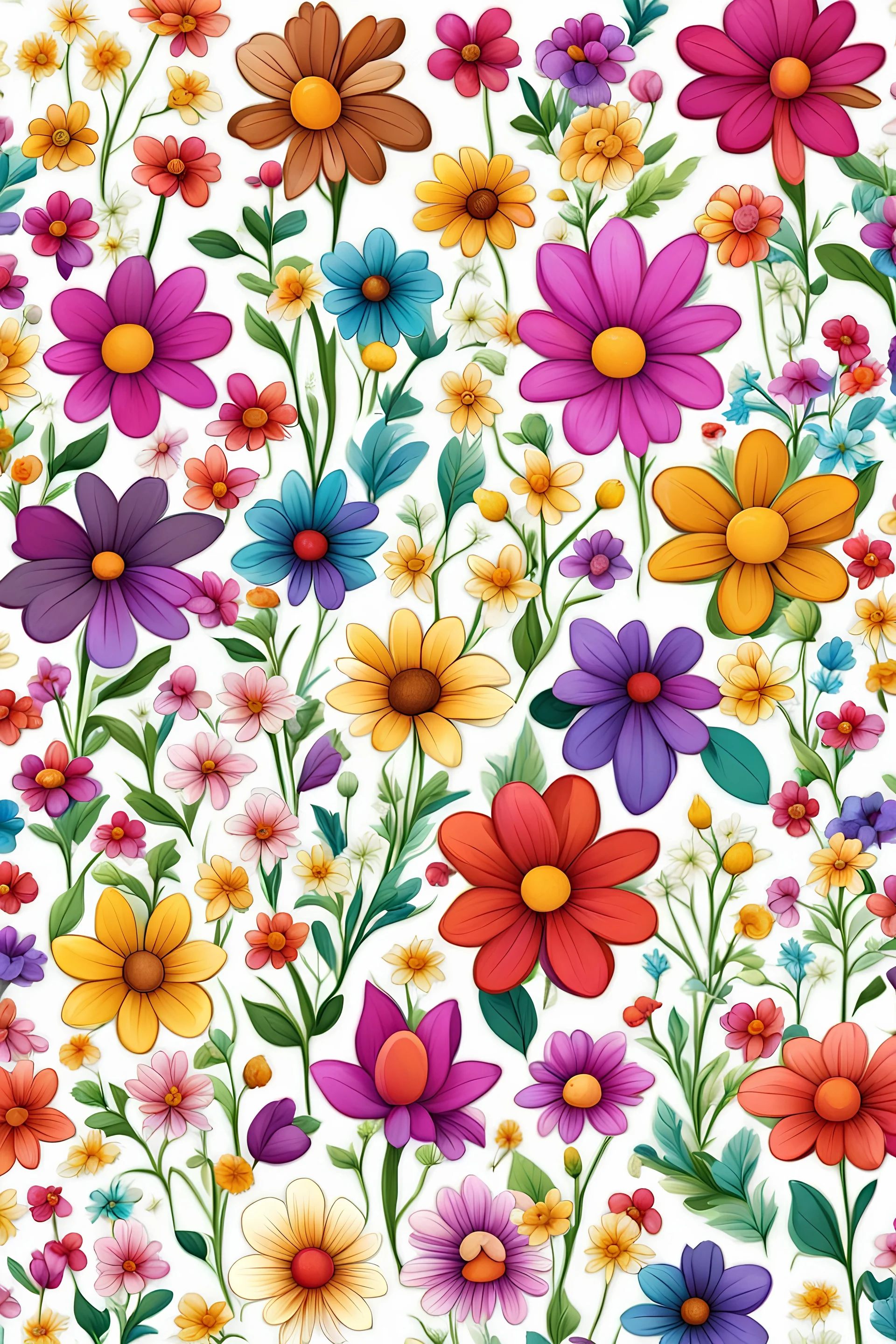 colorful different cute flowers , clip art, pattern, plain white background,