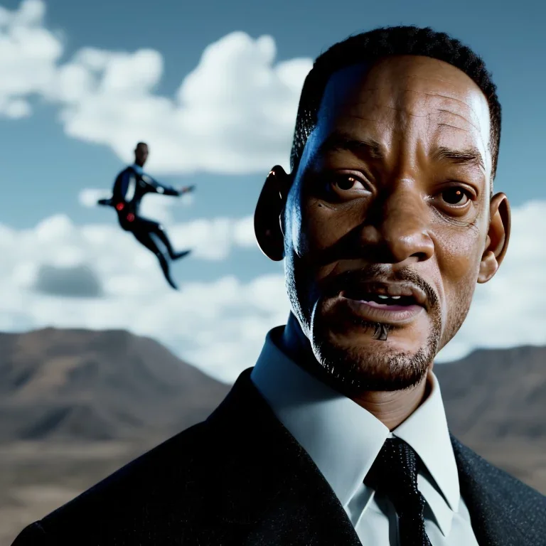 portrait, will smith in Men in Black, sky diving, scared, dynamic lighting, 8k, ultra detailed