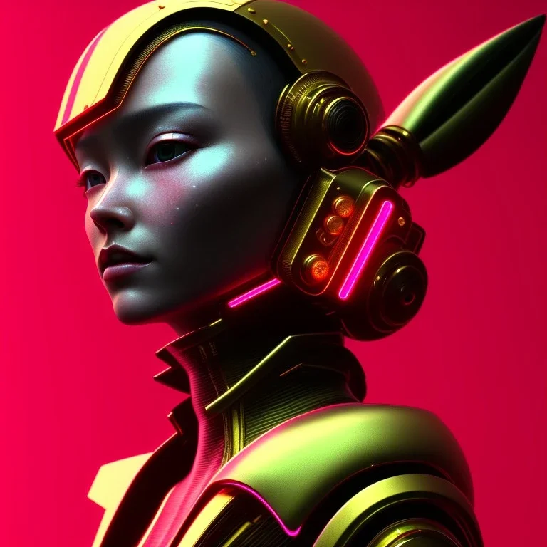 Medium Close Up Portrait, Front image. cyberpunk Asian woman, pink short hair. rabbit mask, latex suit. Red, black, gold, color. Punk style. Gradient background, highly detailed, concept art, smooth, unreal engine 5, god rays, ray tracing, RTX, lumen lighting, ultra detail, volumetric lighting, 3d, finely drawn, high definition, high resolution.