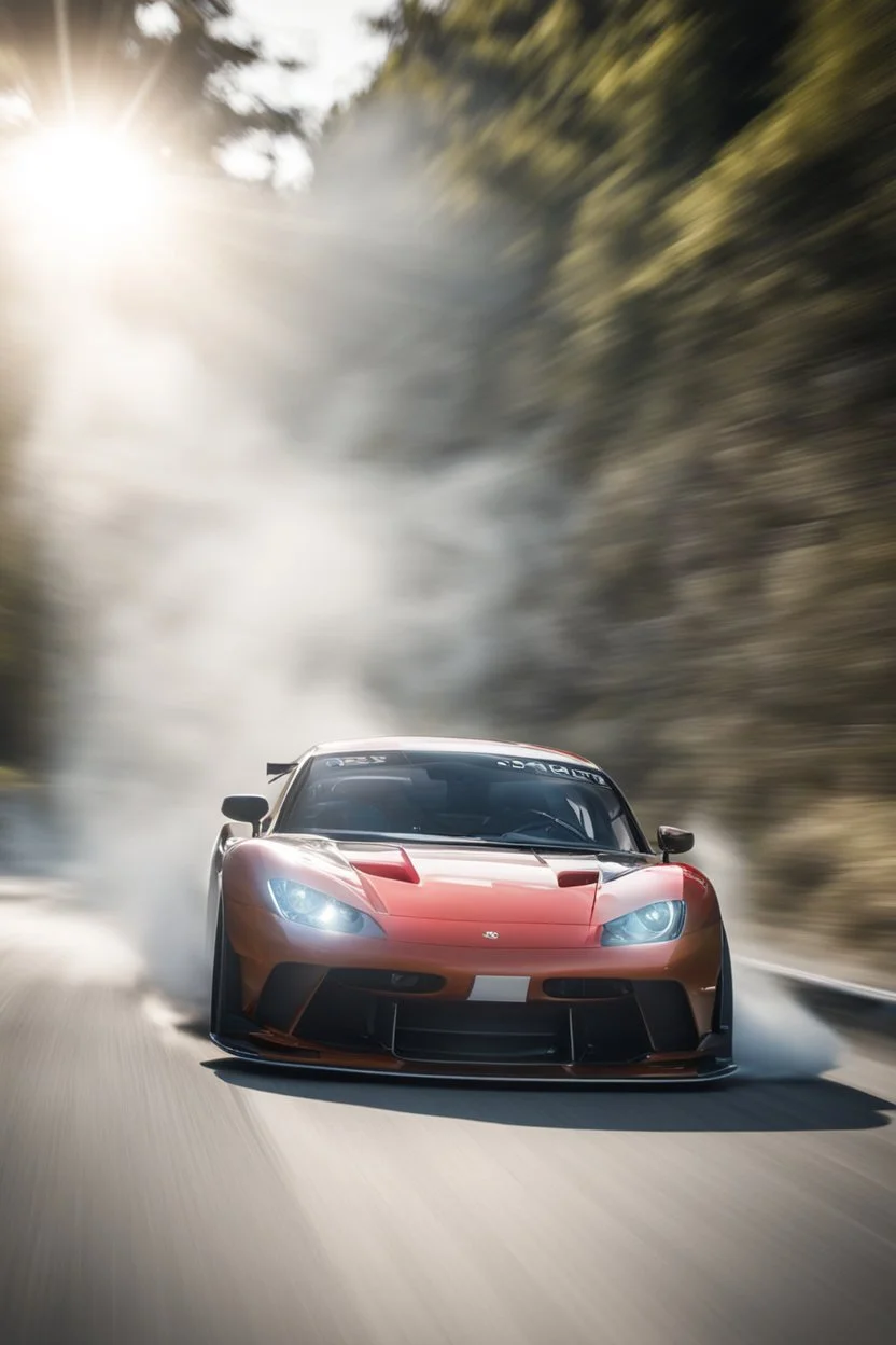 Facing front Sports car drifting around a corner, motion blur, narrow depth of field, lens flare, dynamic angle, asphalt spray, high octane energy