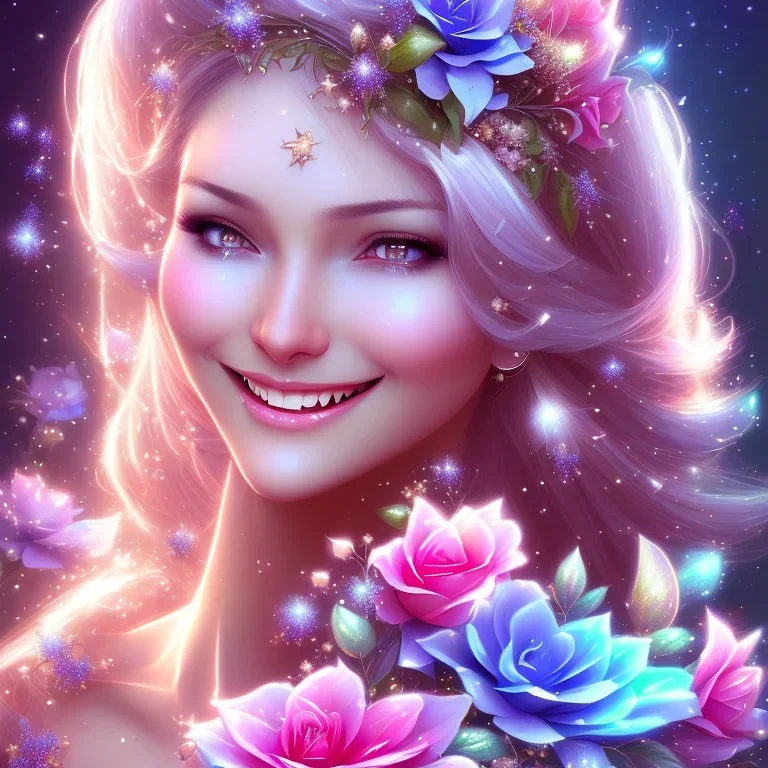 très jolie femme fée souriante , monde en fleurs, cascade , étoiles , concept art, crépuscule , bleu , vibrant Color, réaliste