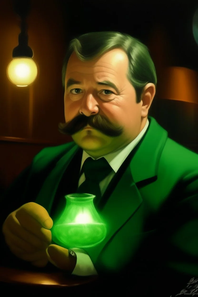 Fat greenlantern burguese mustache at the casino oil canvas.