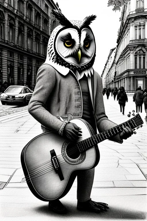 One single mature owl, playing guitar in the street , Vienna, friendly, sunny day, model style, hyper realistic, extremely accurate, delicate, extremely detailed, Graphic novel style, wide-angle, open aperture, superfine pencil