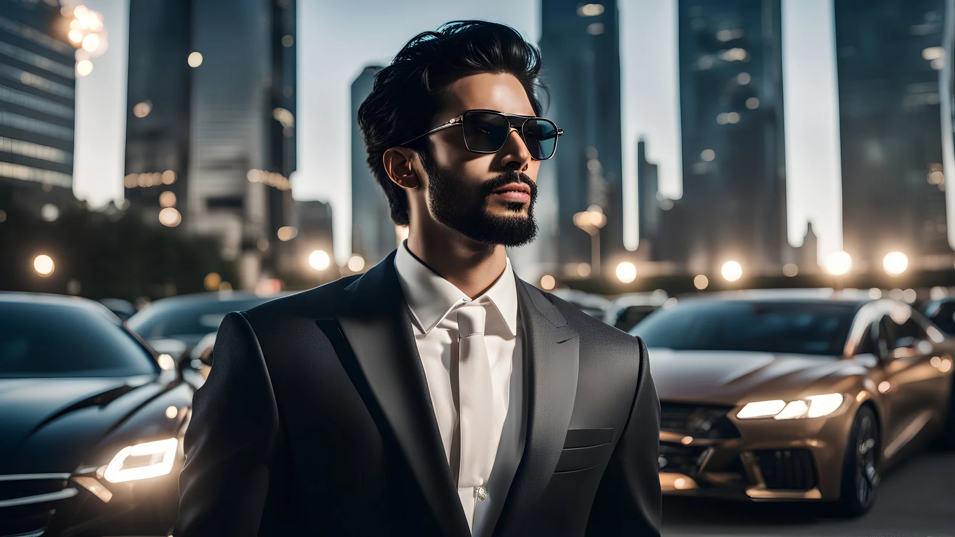 **In the image, a young man in his early thirties is shown, wearing a stylish formal suit and black sunglasses. He has thick black hair and a short, sharp beard. The young man is standing in a large square, surrounded by luxury cars. In the background, a skyscraper is visible, lit by a faint light.** **The young man in the image looks like a successful and influential person. He has a strong, confident appearance, and his gaze is challenging. His clothes and cars indicate that he is wealthy an