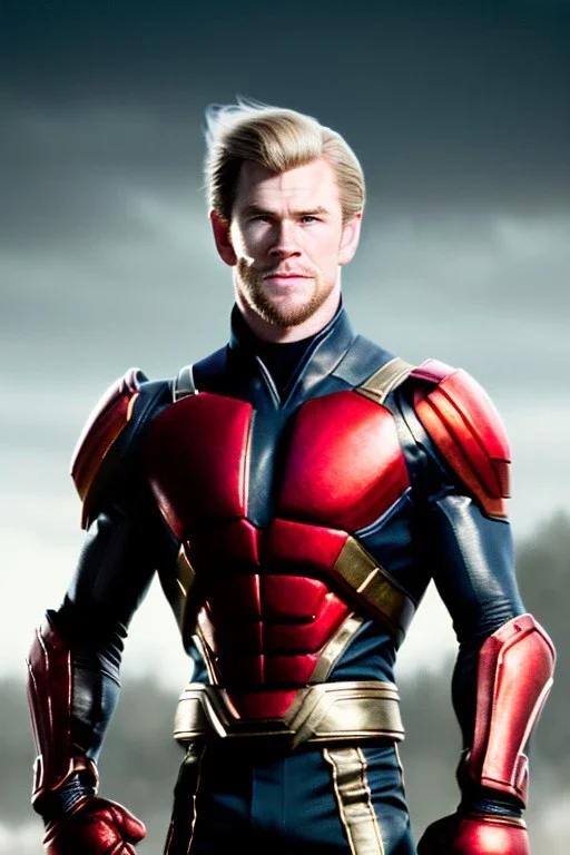 retro portrait image from 1960, sky background, wind, extra long blonde hair, fighting stance, young Chris Hemsworth, clean shave face, black dress, classic long tight lycra black suit, red cap, platinum lycra with scales on the arms, gold bracelet and belt, high boots, soft color, highly detailed, unreal engine 5, ray tracing, RTX, lumen lighting, ultra detail, volumetric lighting, 3d, finely drawn, high definition, high resolution.