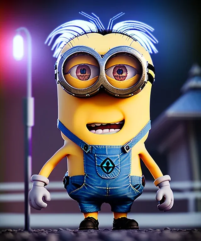 Minion toddler, cyberpunk, full body, white hair, floral shirt, dramatic lighting, hyper realistic