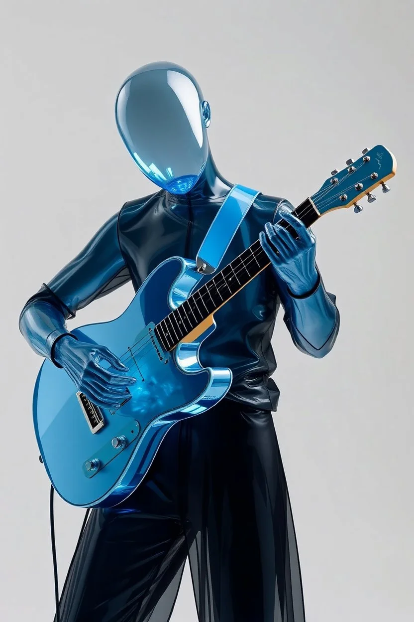 The whole body of Maniquí de glassy light blue Artist mader playing the guitar