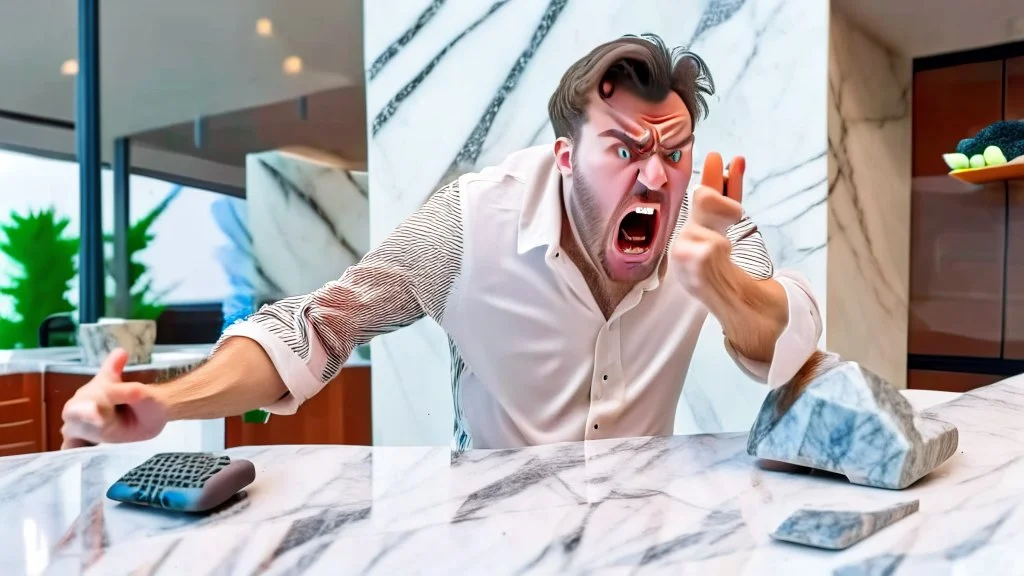 angry guy on phone at marble tabletop pointing at missing delivery