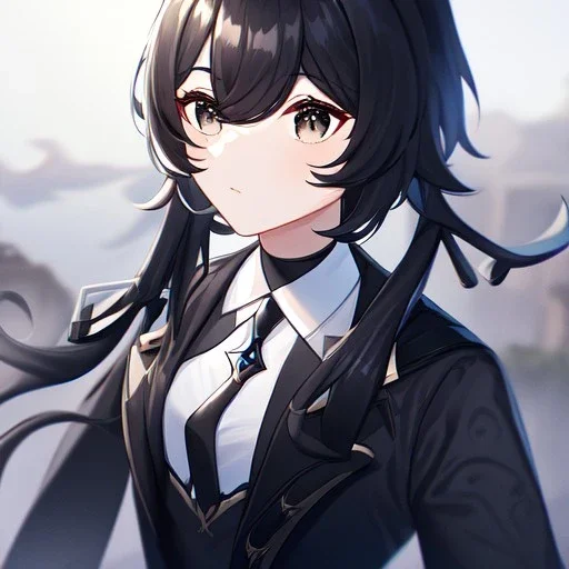 Clear focus, High resolution, short black hair, black eyes, wearing a black jacket and a white shirt, wearing a black skirt, 1girl, Genshin impact, long locks, long eyelashes, black tie