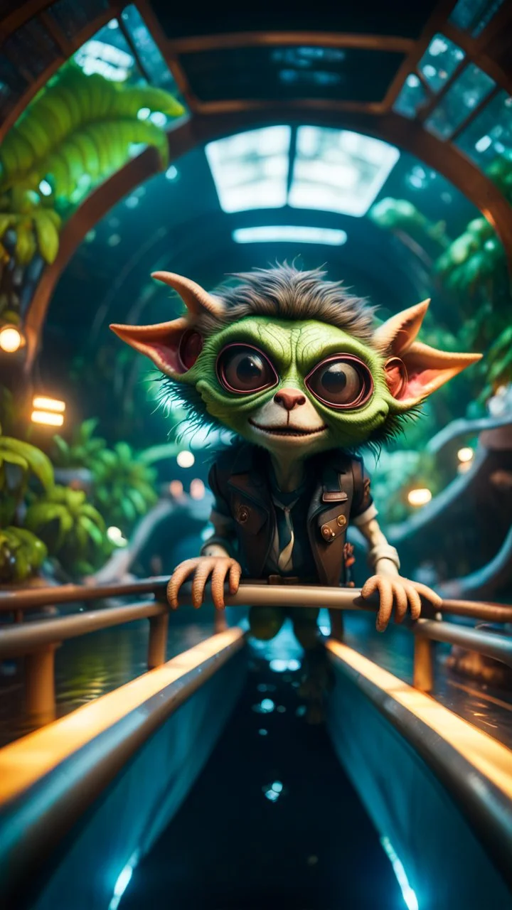 fish-eye photo of furry hairy pimp rocker military alien gremlin on boat bridge over water slide magically levitating in dark lit reflective wet jungle hall dome hotel tunnel, in the style of fallout 4 game,bokeh like f/0.8, tilt-shift lens 8k, high detail, smooth render, down-light, unreal engine, prize winning