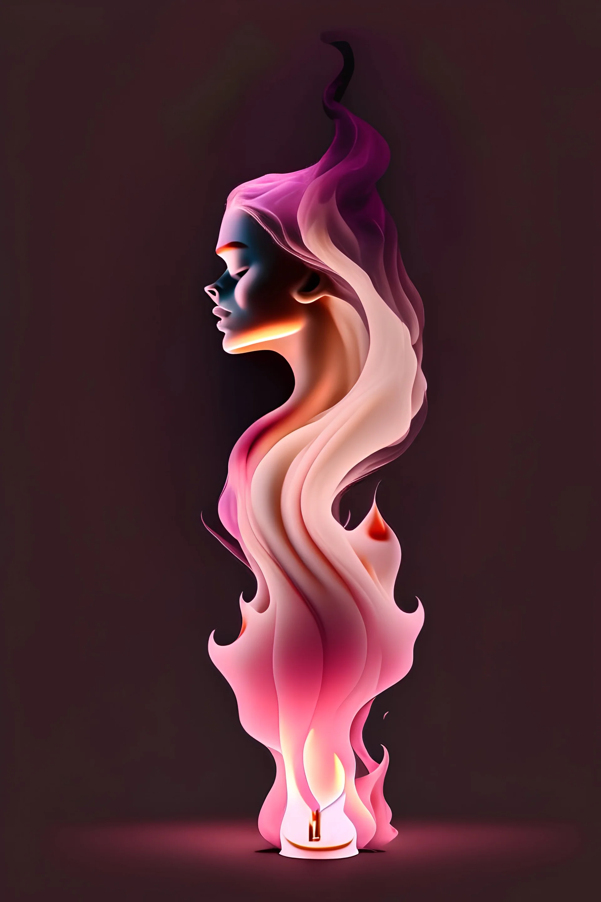 Professional logo in 3 main colors only - 8k A long burning candle with melted wax at the edges, from which smoke of a pinkish color emerges, in the shape of a girl, giving you a sense of relaxation and comfort."