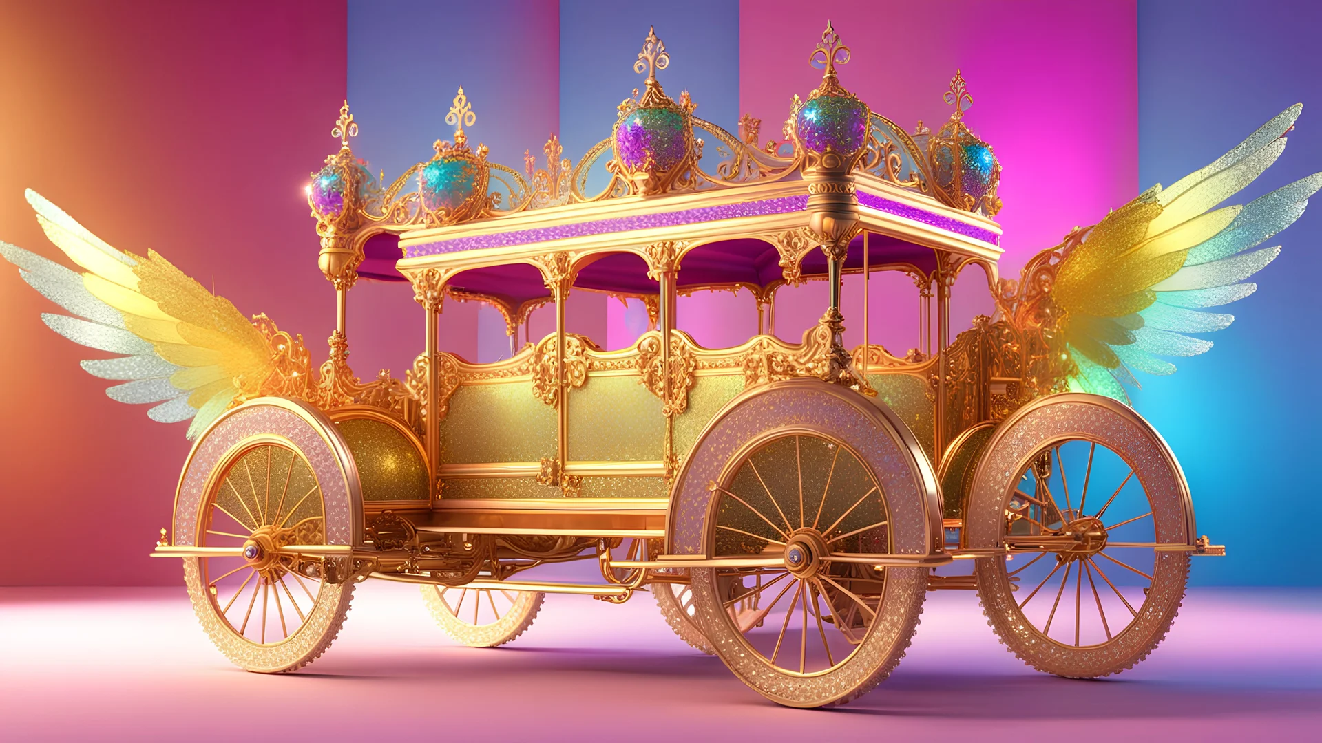 hyper realistic princely carriages, with glittery wings, jewels, royal and noble carriages, 5, cinema 4d, HDR, dust effect, vivid colors