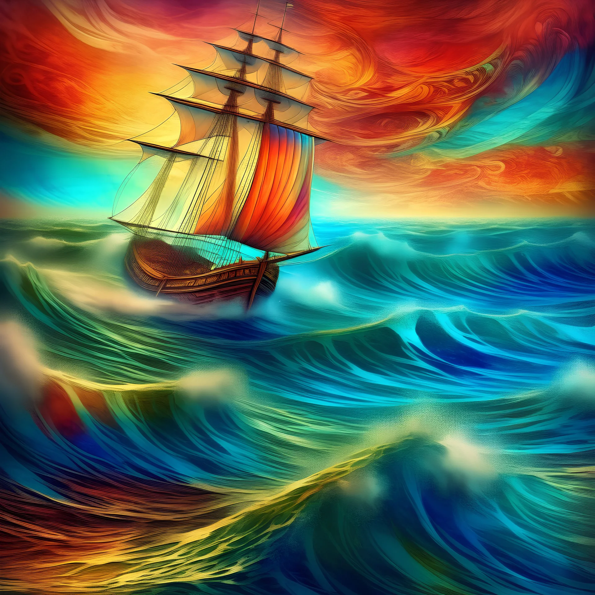 Colorful angle of the sea Sailing to her dream land, fractal recrusive whimsical stylized gothic realistic colorful dreamy scene