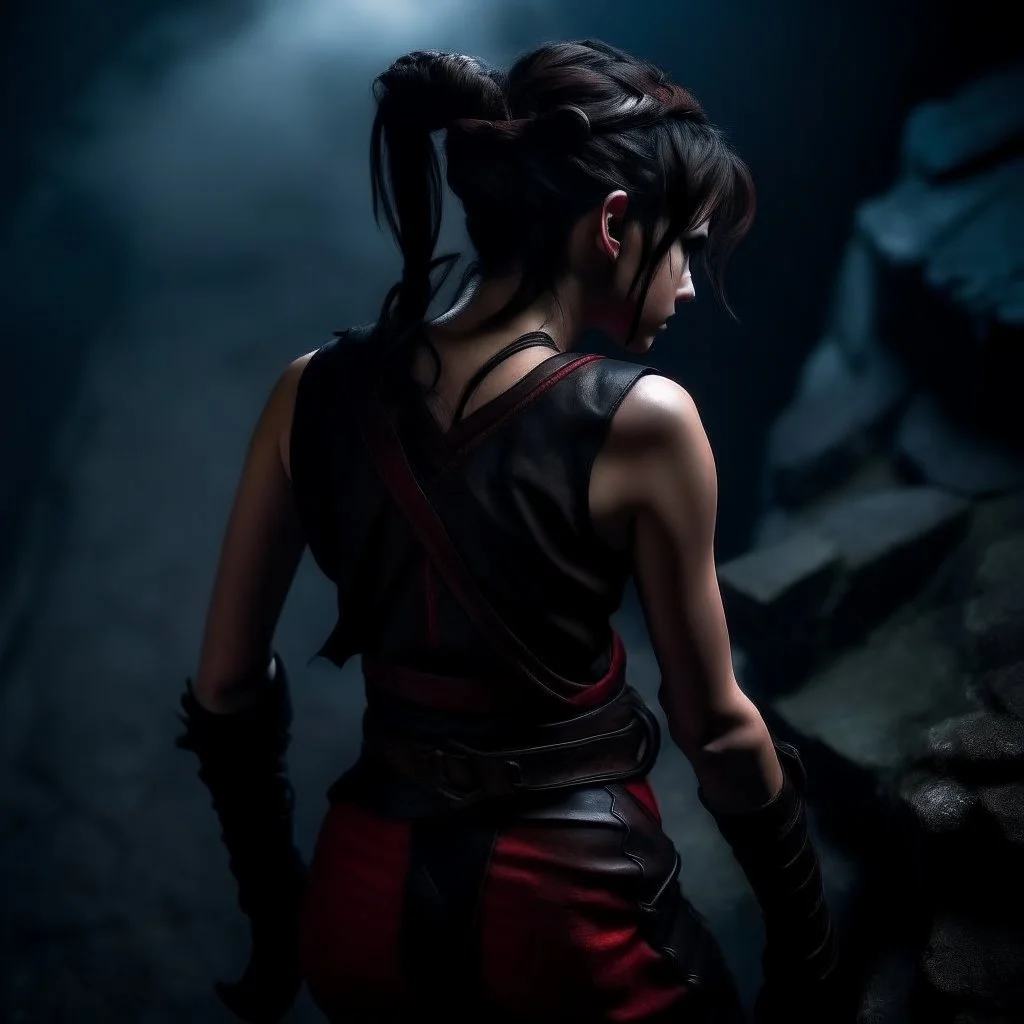 a beautiful tiefling woman with dark hair in a sleeveless battle outfit, seen from the back, at the edge of a precipice in the dark, ready to jump, photo quality, dark colors