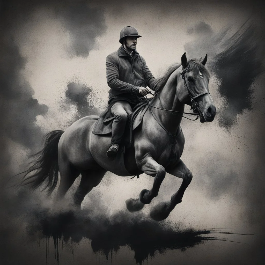 A man on horse in a Hyper Realistic Aerial Grungy Dark-Grey Brush strokes on a dark rustic background with charcoals