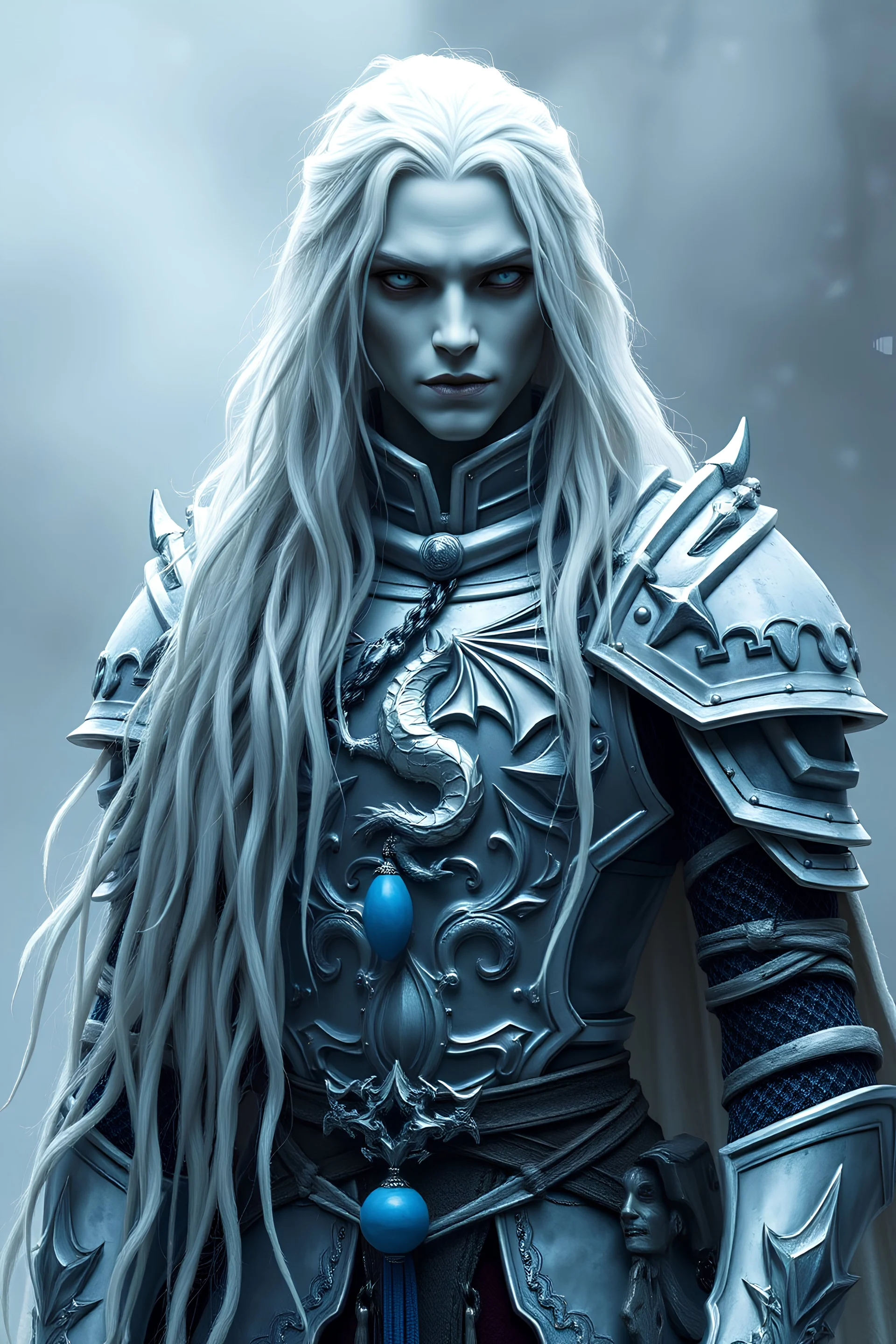 Scary knight with long white hair with icy fog and silvery white eyes and pail skin wearing silver armor with a blue pendentand and a silver dragon on the center of it on his chest