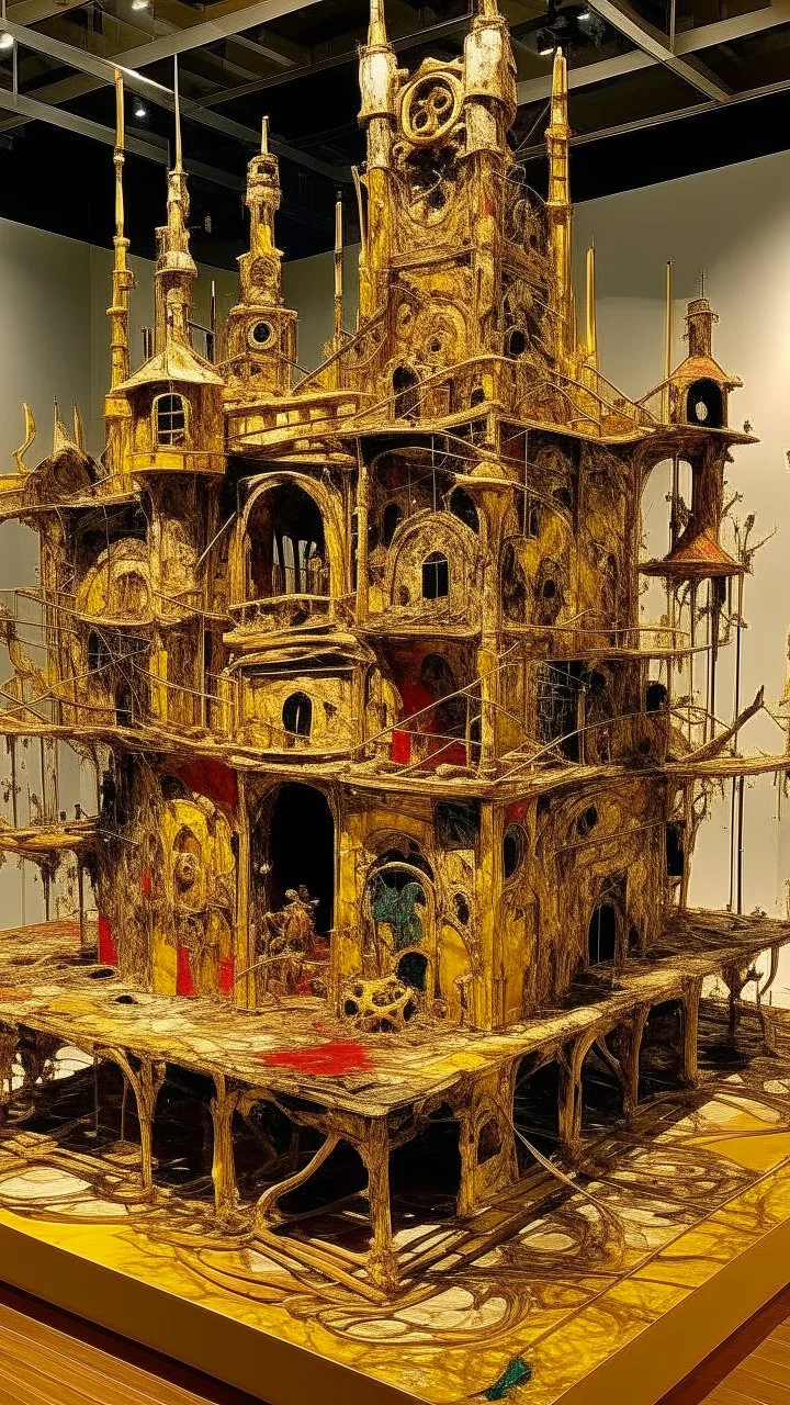 A golden castle made out of musical instruments painted by Jackson Pollock