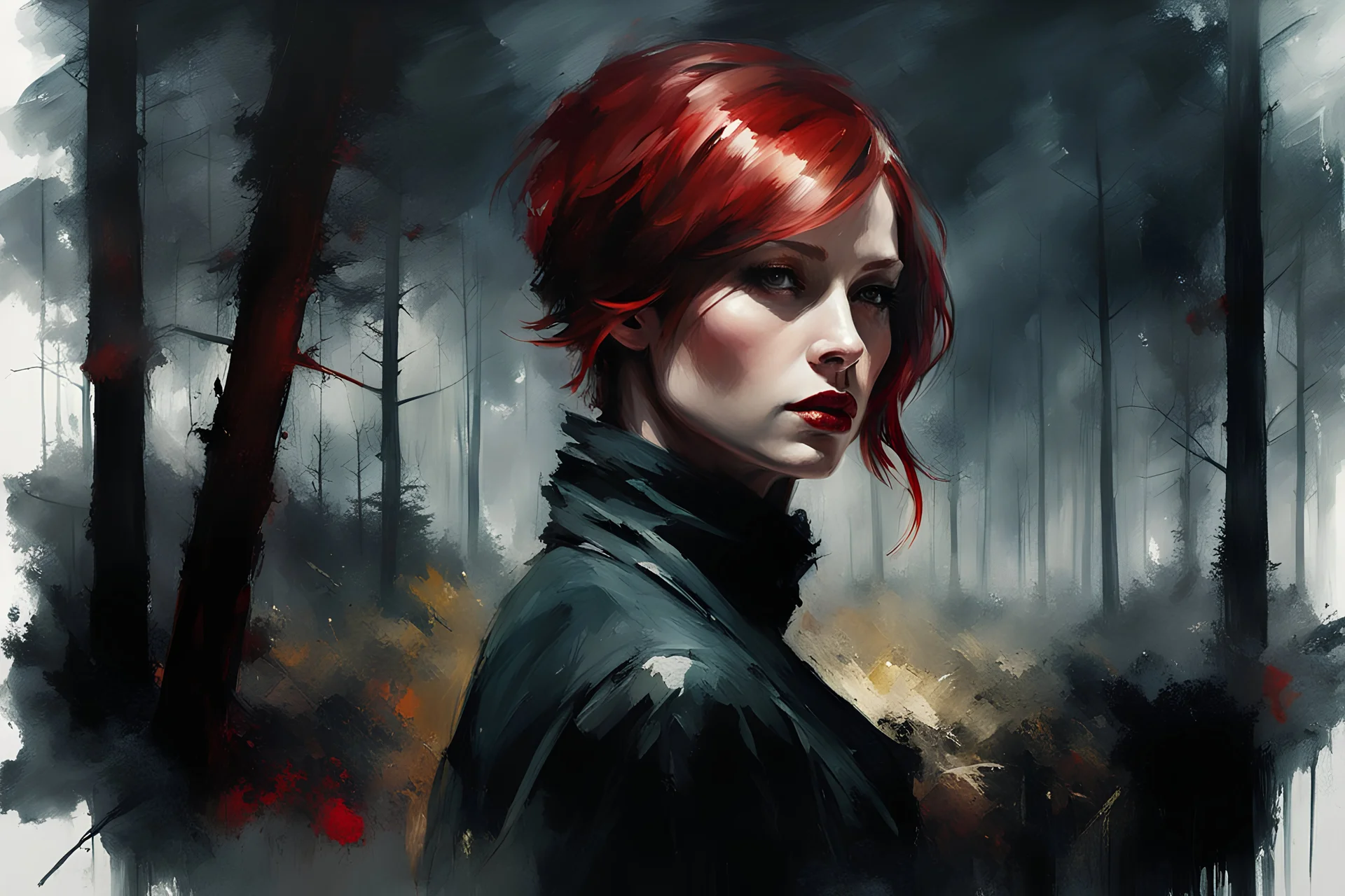 muscular stunning tall russian woman 30yo with deep red bob hair at night under a full moon by a woods :: dark mysterious esoteric atmosphere :: digital matt painting with rough paint strokes by Jeremy Mann + Carne Griffiths + Leonid Afremov, black canvas, dramatic shading