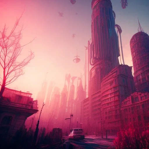 Alien bird post apocalyptic night city, pink, blue, gold, sunny atmosphere, amazing detail, realistic, flowers, 8K, cinematic lighting, unreal engine