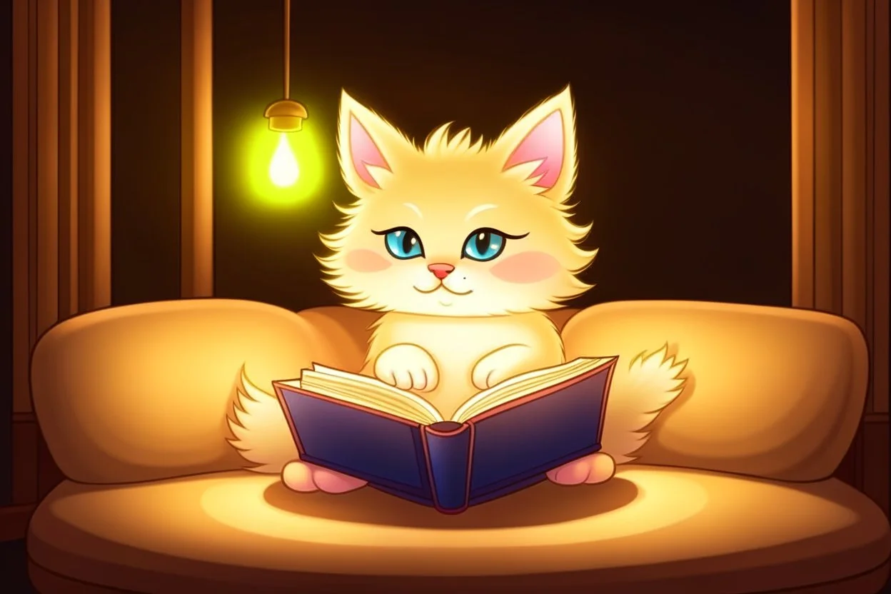 cute chibi fluffy beige bioluminescent cat reading a book sitting on a sofa next to a glowing tiffany lamp in a modern room