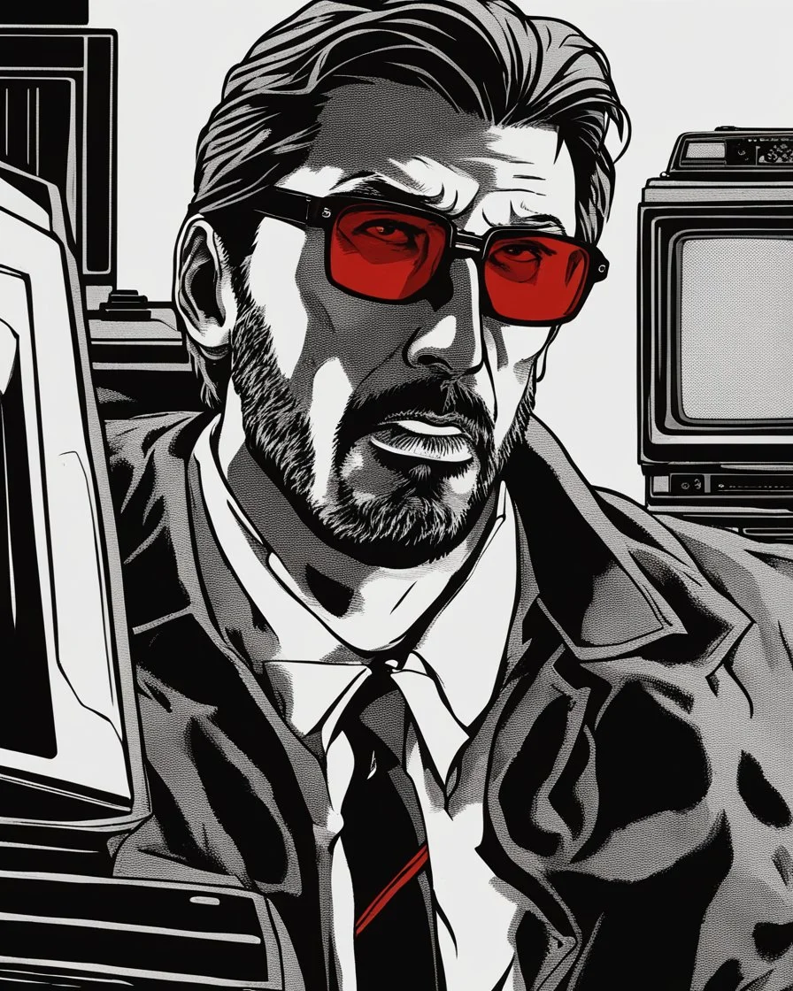 a young man with big muscles who looks like hans gruber wearing a heavy coat and red sunglasses staring with an irritated look on his face smasing a television