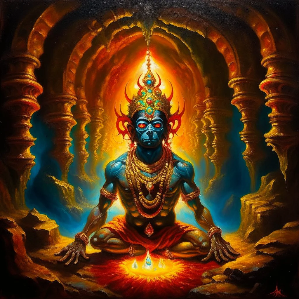 An oil painting of hindu god YAMA in a cave, neon gold colors, high detail eyes,