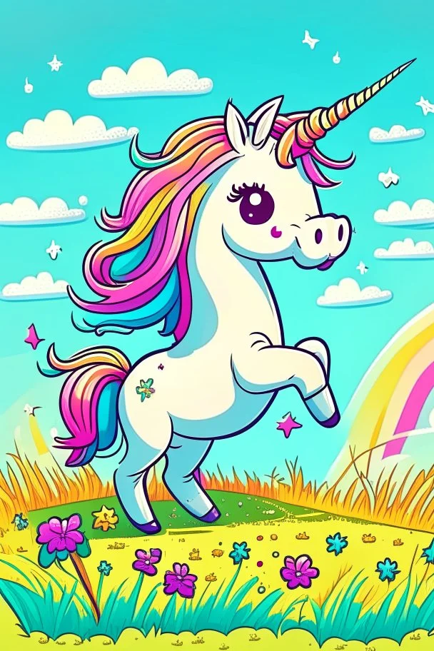 kids illustration, a cute unicorn playing in field, cartoon style, thick line, low details, vivid color