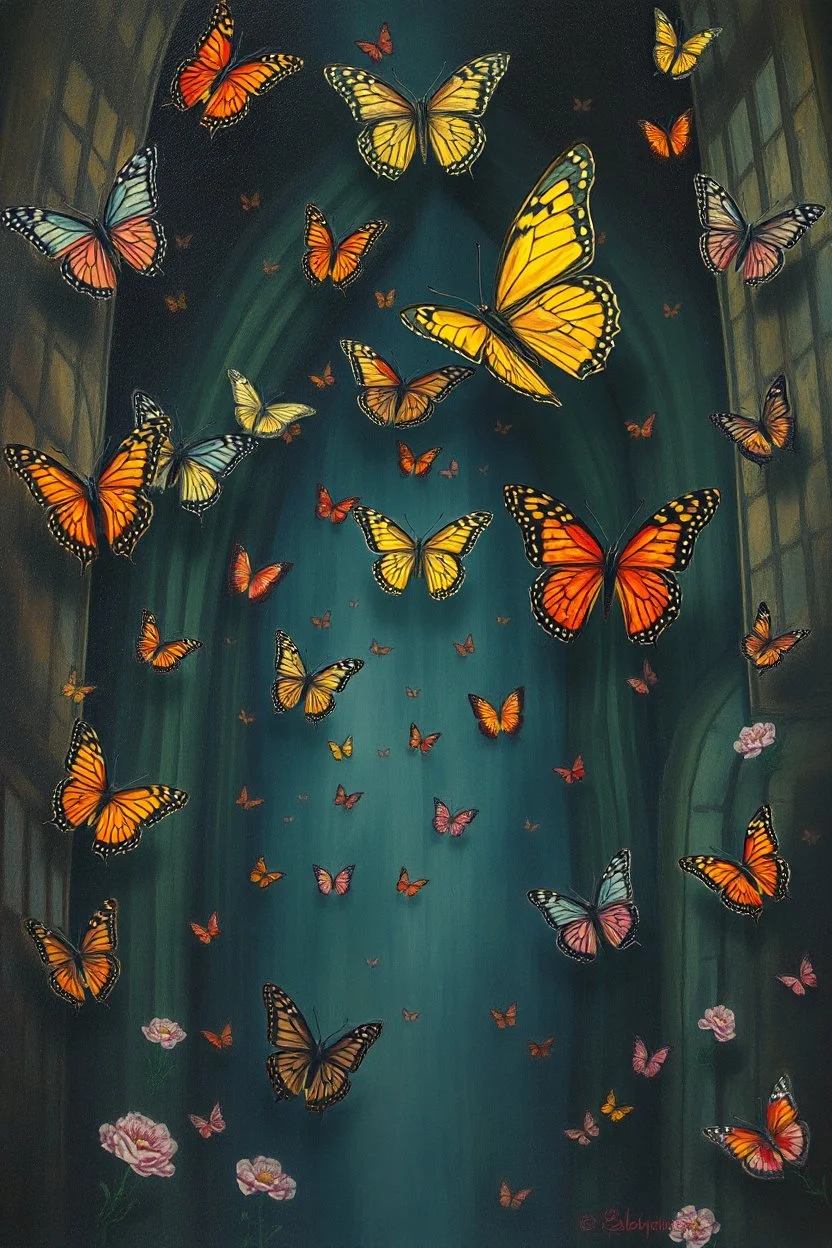 The prison of the butterflies, surreal, Busch painting style
