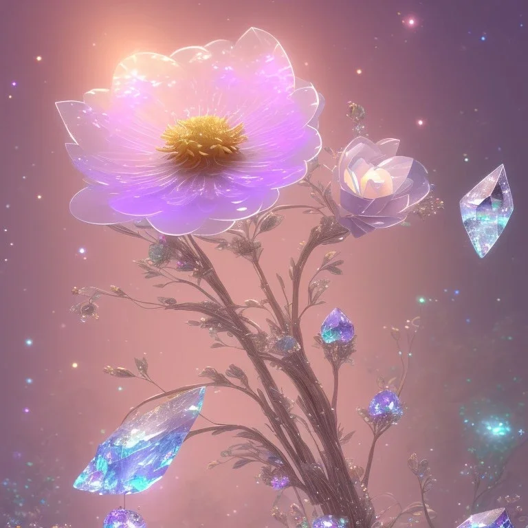 one big crystal subtle flower in a galactic ambiance with a beautiful fairy, transparent petals, delicate colors, in the foreground, full of details, smooth，soft light atmosphere, light effect，vaporwave colorful, concept art, smooth, extremely sharp detail, finely tuned detail, ultra high definition, 8 k, unreal engine 5, ultra sharp focus