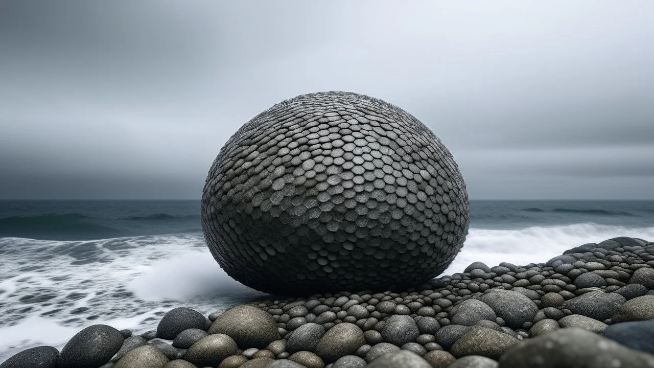 MINIMALIST SPHERICAL BUILDING ON A ROCKY BEACH, Excited, Polished, Fingerprint pattern, Rainy, Millefleur