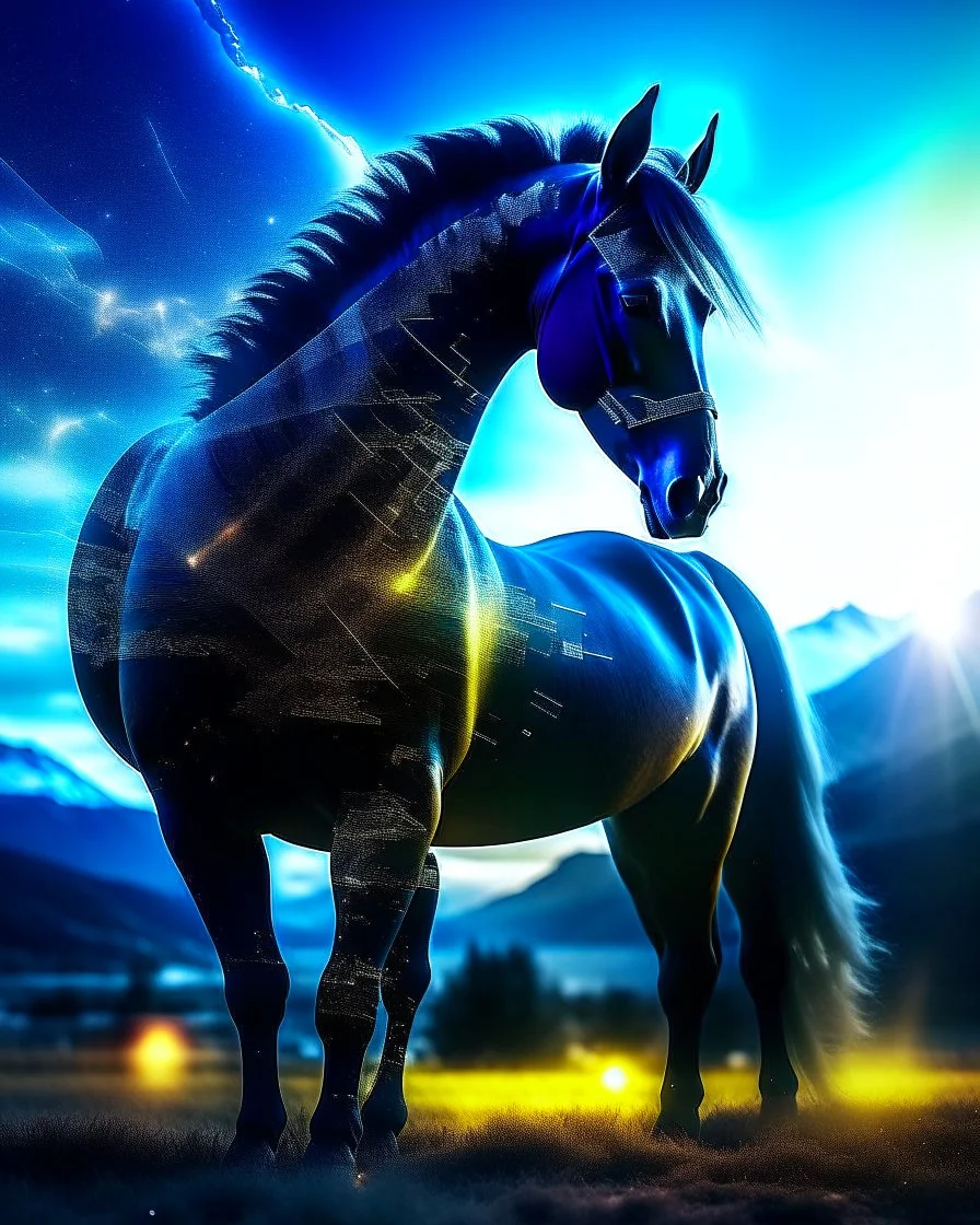 Fascinating double exposure masterpiece. The foreground features a captivating silhouette of a mysterious and glowing horse, exuding an enigmatic and otherworldly energy. Ethereal lighting. The harmonious mix of its serene nature intertwines with the captivating silhouette, creating a scene of incomparable beauty. 8k resolution. Conceptual art